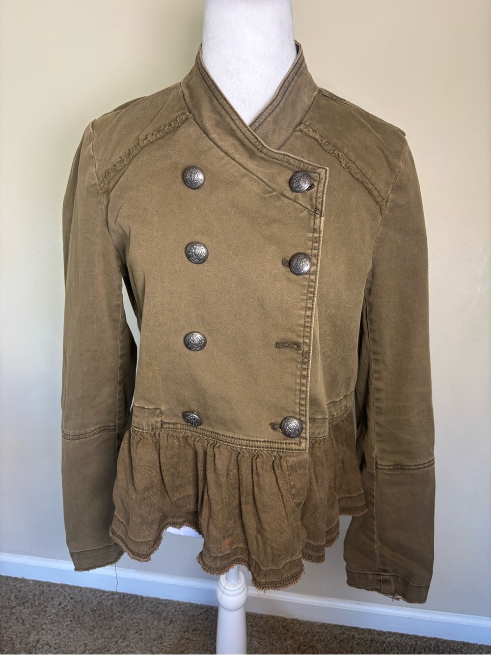 Free People Women’s Flared Hem Green Military Jacket Size Small
